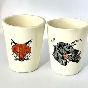 Ceramic Shot Glass Pair Handmade Studio Painted Fox & Labrador Hunting Dog